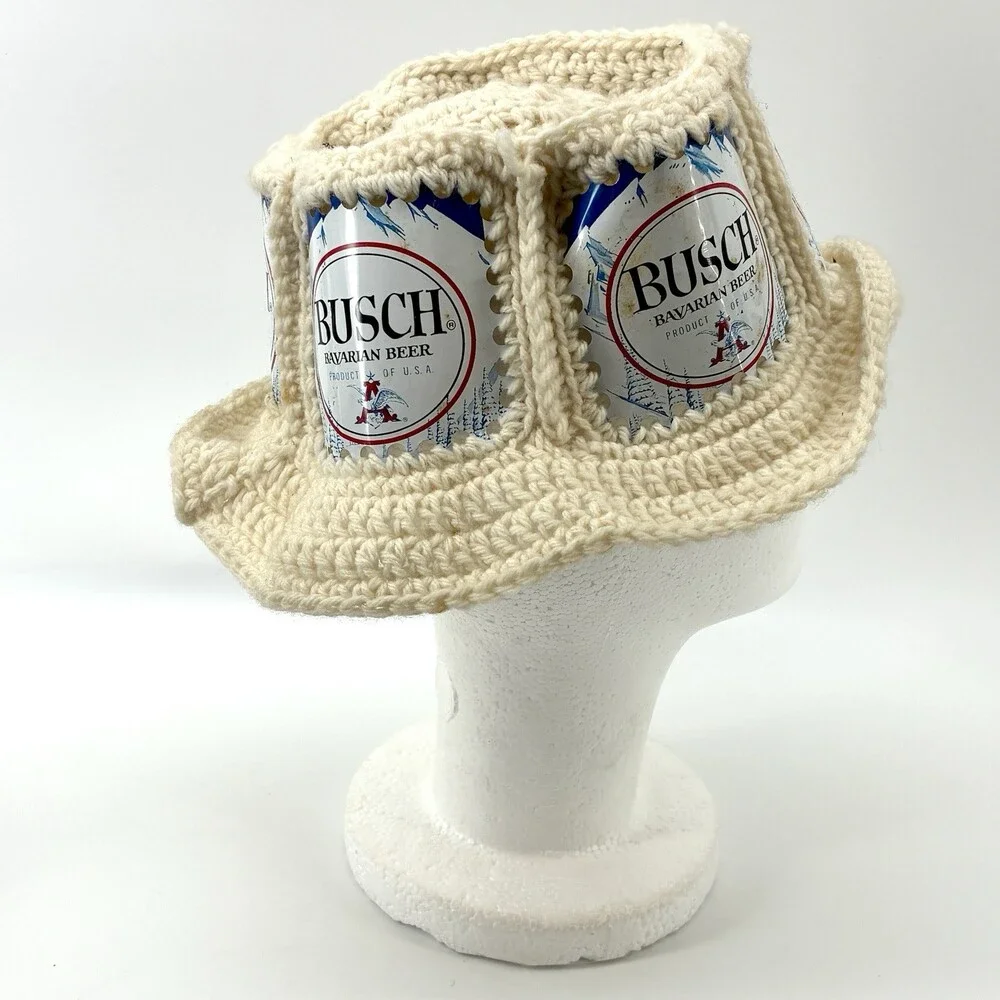 Vintage 1970s Busch Beer Can Crochet Hat Handmade Folk Art (S)